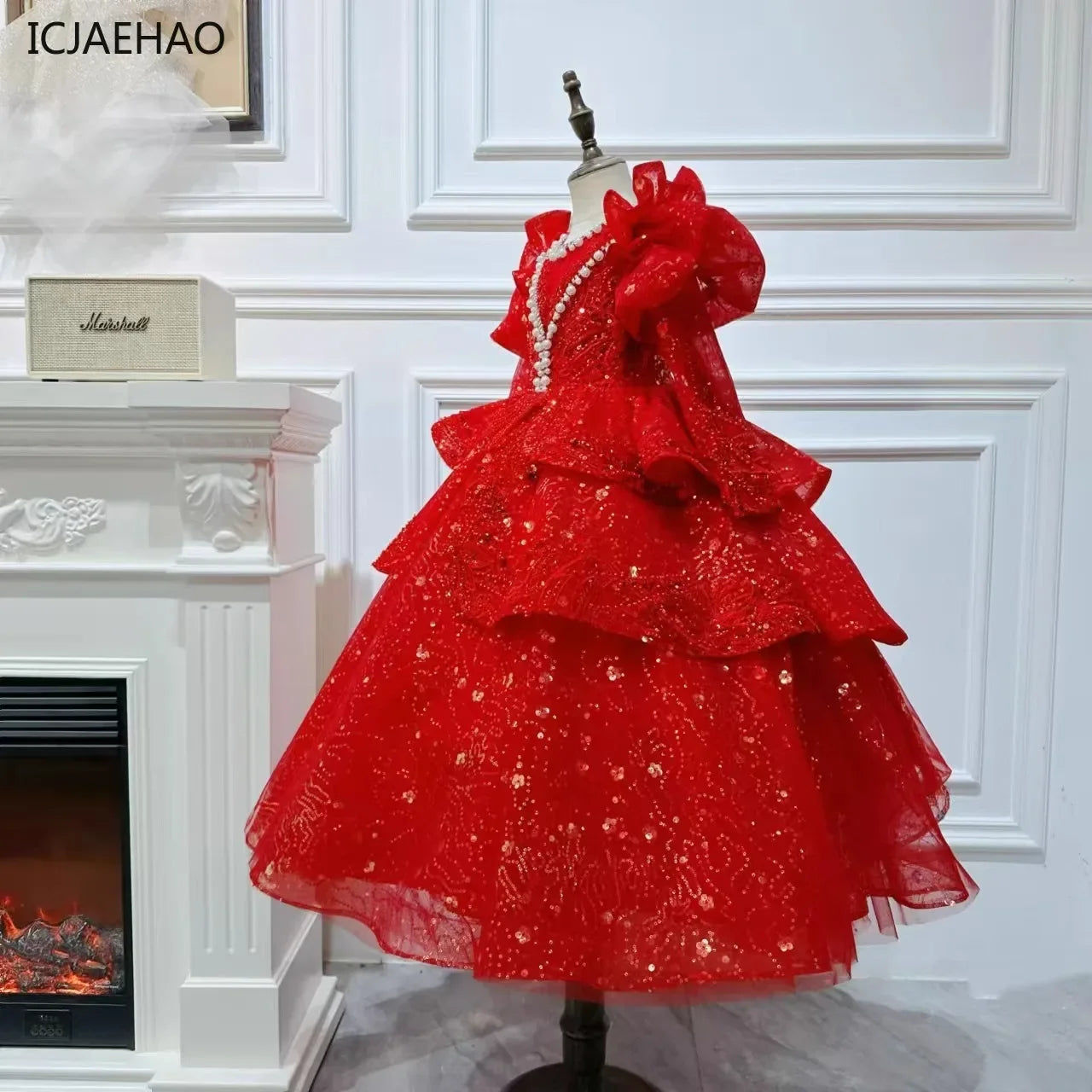 2025, Kinderkleid, Performance-Outfit, Mädchen, Blumenmädchen, Geburtstag, Prinzessinnenkleider, glitzernde Pailletten, bauschiges Kleid, rote Partykleidung für Kinder.