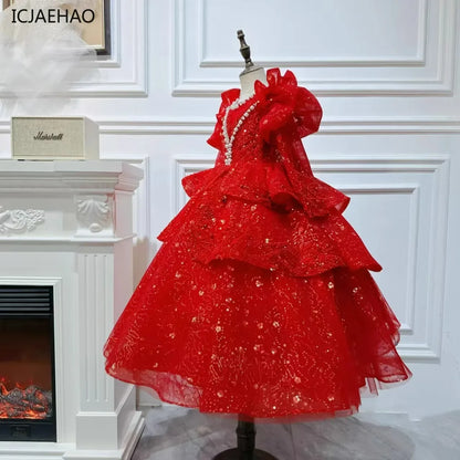 2025, Kinderkleid, Performance-Outfit, Mädchen, Blumenmädchen, Geburtstag, Prinzessinnenkleider, glitzernde Pailletten, bauschiges Kleid, rote Partykleidung für Kinder.