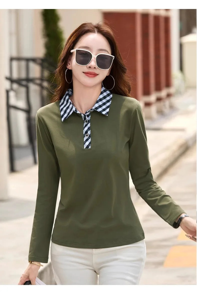 European station lapel long sleeved t-shirt women's new high-end fashion light luxury casual plus size spring and autumn top.