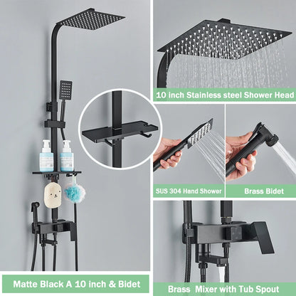 Rainfall Bathroom Shower Faucet Kit With Bidet Wall Mounted Stainless Steel Hot Cold Water Mixer Tap System With Rack,Tub Spout