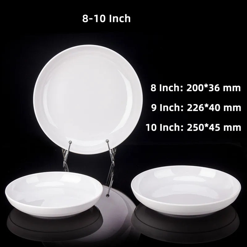 Deep Round Melamine Dinner Plates White Hotel Serving Tray Table Dishes Imitation Porcelain Dishes to Eat Kitchen Dining Sets.