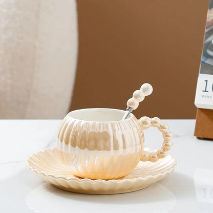 Light Luxury High Aesthetic Pearl Glazed Coffee Cup and Plate Set European Ceramic Afternoon Tea Cup Plate with Spoon Home Use.