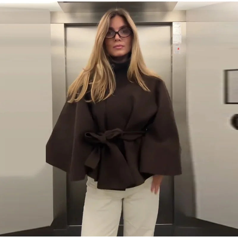 Damenmantel, kurze Cape-Mäntel für Damen, Gürtel, Mäntel aus Kunstwolle und Mischungen, Herbst-Winter, feste Mäntel, elegante Umhangjacke für Damen.