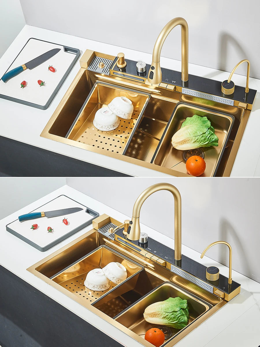 Große 304 Küchenspülen, 75 x 45 cm, Edelstahl, Küchen-Wasserfall-Waschbecken, Digitalanzeige, großes Einzelwaschbecken, Geschirrspüler-Wasserhahn