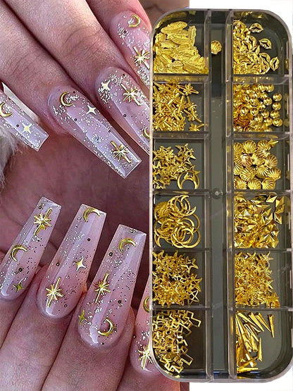 12Grids Moon Star Nails Gold Metallic Nail Sequins Charms 3D Nail Art Tips Decoration  3D Metal Moon Star Sun Bead Rivet Nail Je