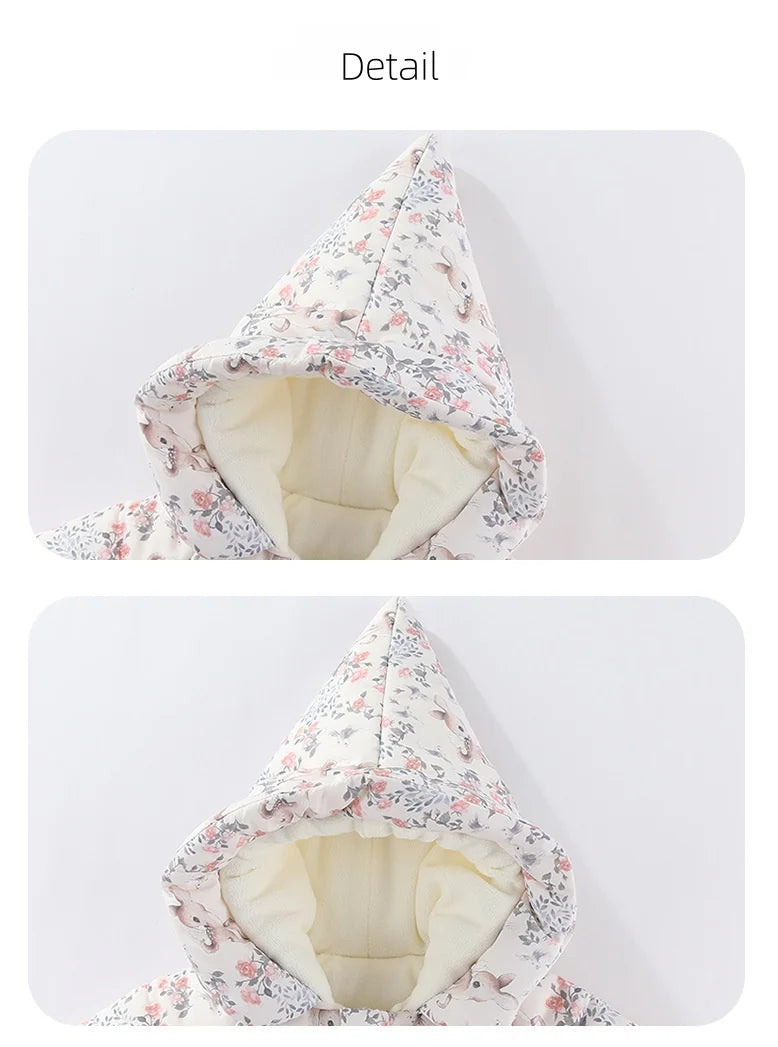 Body für Neugeborene und Mädchen, verdickter, wasserdichter, bedruckter Schneeanzug, 0–24 Monate, Kleinkind-Jungen-Overall mit Kapuze, warmes Winter-Einteiler-Outfit.