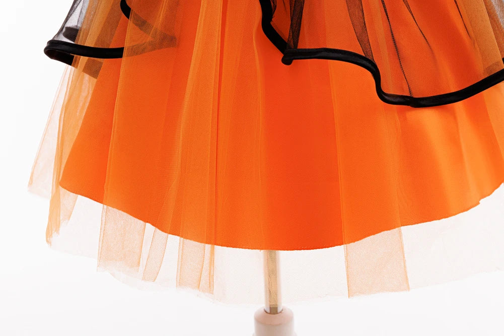 Orangefarbenes Halloween-Kinderkleid für 2–10 Jahre, Polyestermaterial, Puffärmel und mehrlagiger Tüllrock, süße Prinzessinnenkleidung.