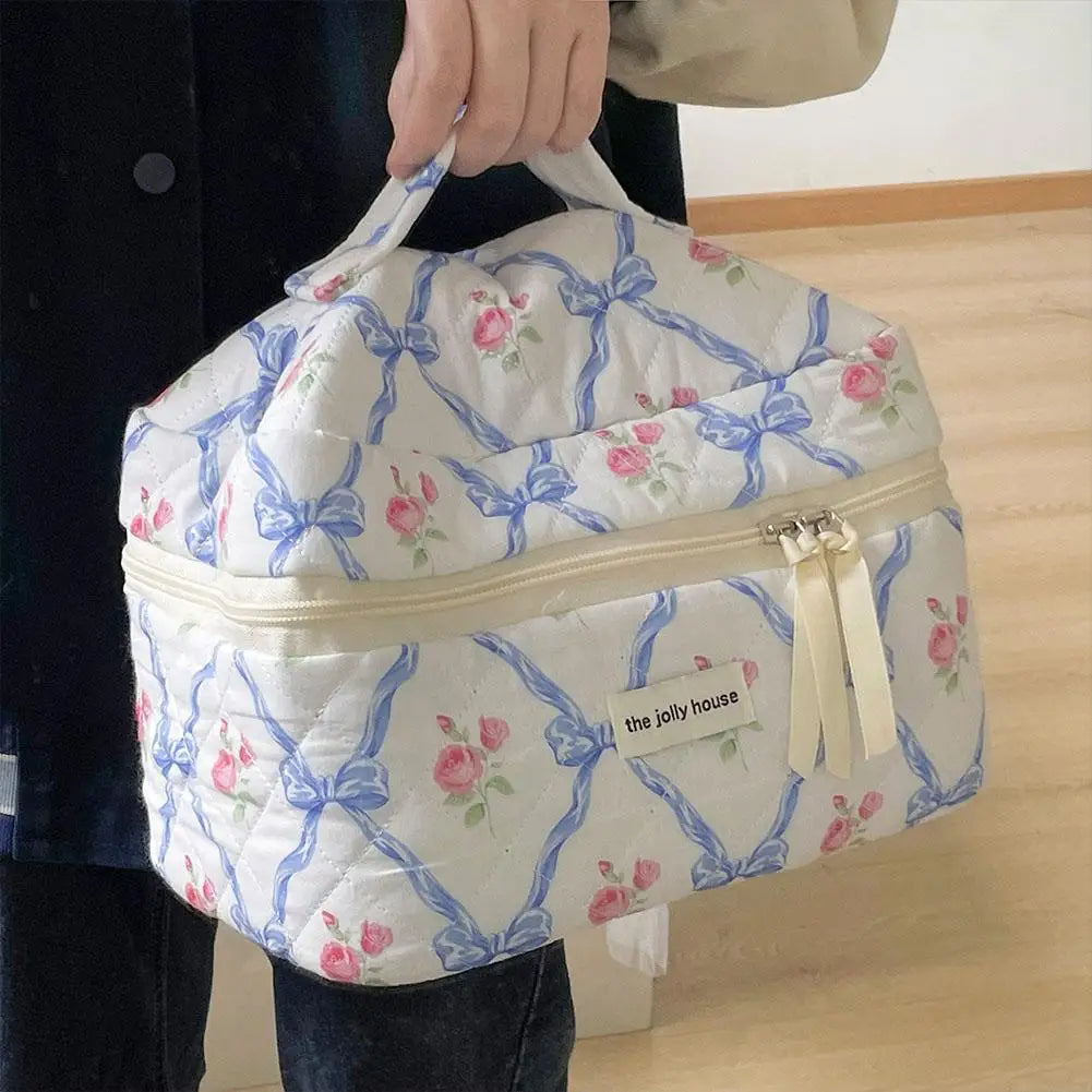 Cute Bow Flower Quilting Makeup Bag Women Zipper Cosmetic Organizer Female Cloth Handbag Portable Toiletry Case For Girls