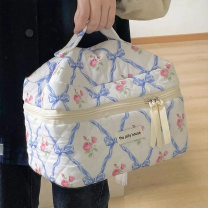Cute Bow Flower Quilting Makeup Bag Women Zipper Cosmetic Organizer Female Cloth Handbag Portable Toiletry Case For Girls