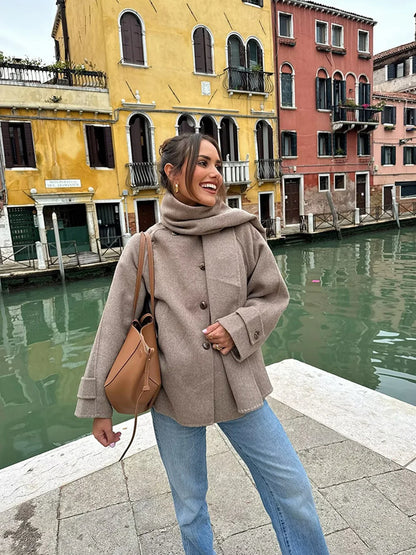 Women Fashion Brown Scarf Coat Jacket Loose Long Sleeve Single Breasted Pocket Jacket Fall/Winter Casual Wool Blend Jacket.