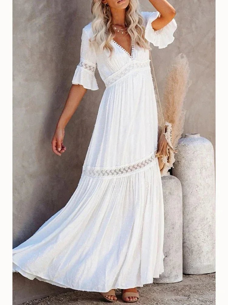 Spitze Splice Maxi Party Kleider Frauen Tiefem V-ausschnitt Sexy Lange Pareo Weibliche Flare Hülse Weißes Kleid Tanz Tragen Kostüm.