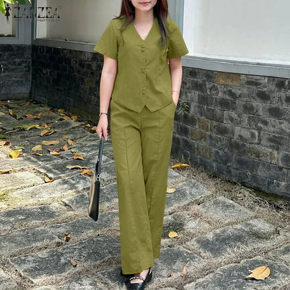 ZANZEA Fashion 2 Piece Sets Woman Elegant V-Neck Short Sleeve Shirts Wide Leg Pants 2pcs Suits Office Lady Commuting Pant Sets.