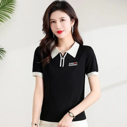 Fashionable polo collar middle-aged and elderly women's loose knitwear thin casual short-sleeved T-shirt.