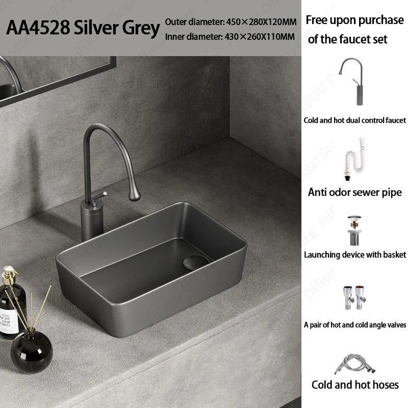 Rechteckiges silbergraues Porzellan-Keramikgefäßwaschbecken über der Theke, Toilette, Badezimmer-Schminktisch, Waschbecken, glasiertes weißes Waschbecken