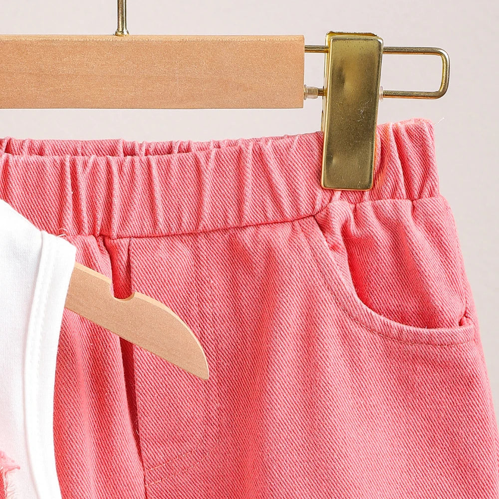 Bear Leader 2025 Summer 4-6 Year Old Streetwear Girls' Sets Sleeveless Butterfly Vest+Pink Cowboy Piercing Patch Pants 2-Pcs Set.