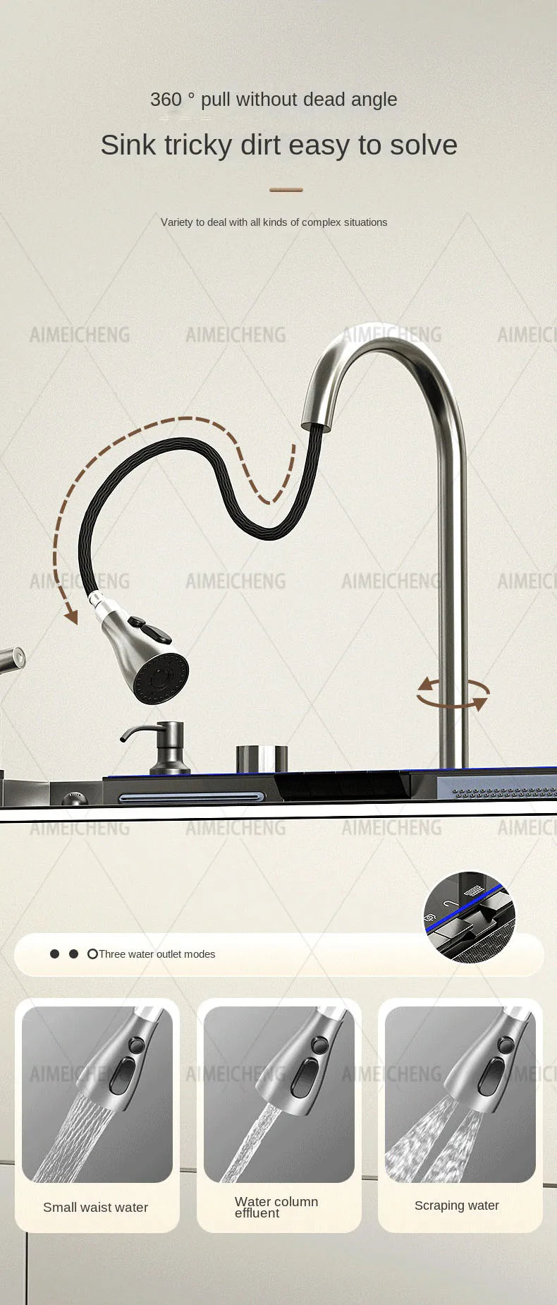 Heißer verkauf Edelstahl Wasserfall Küche Waschbecken Mit Messer Halter Digital Display Wasserhahn Set Geprägte Extra Große Einzigen Slot