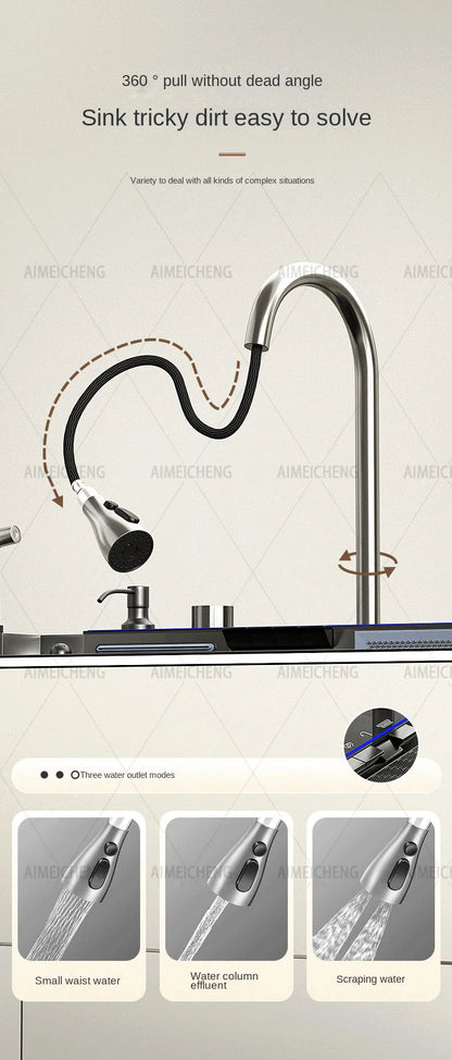 Heißer verkauf Edelstahl Wasserfall Küche Waschbecken Mit Messer Halter Digital Display Wasserhahn Set Geprägte Extra Große Einzigen Slot