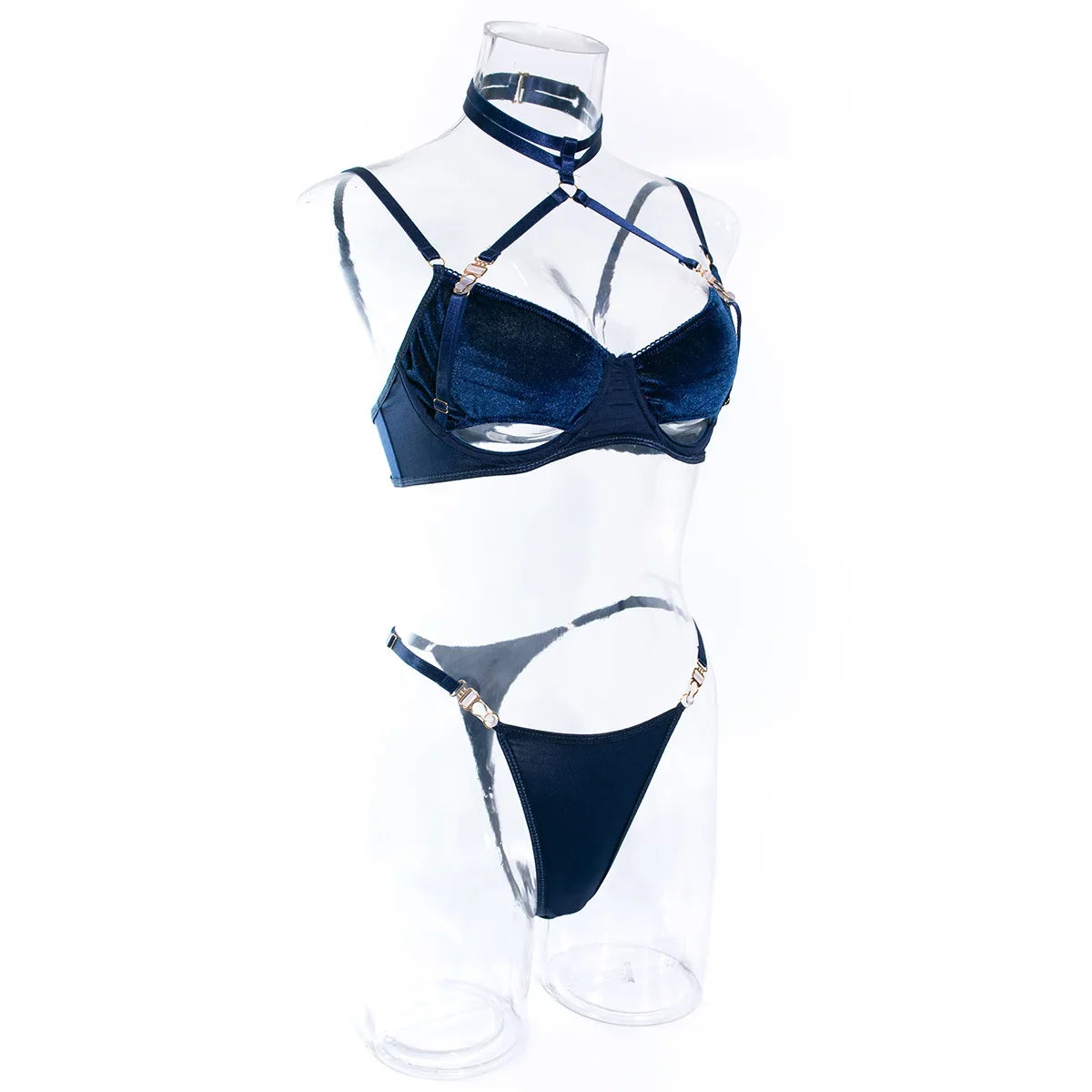 Cut Out Bra and Brief Velvet Erotic Set Women 2-Piece Halter Underwear Patchwork Thong Intimates Sexy Lingerie Pornos Suit Latex