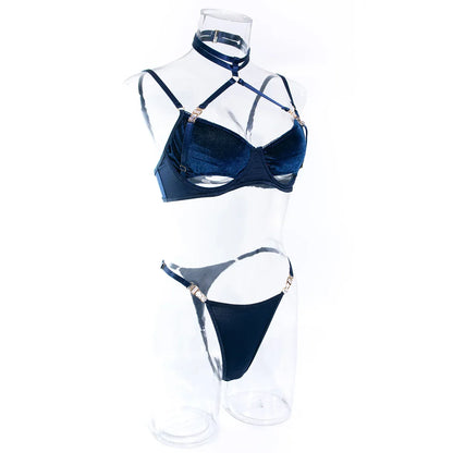 Cut Out Bra and Brief Velvet Erotic Set Women 2-Piece Halter Underwear Patchwork Thong Intimates Sexy Lingerie Pornos Suit Latex