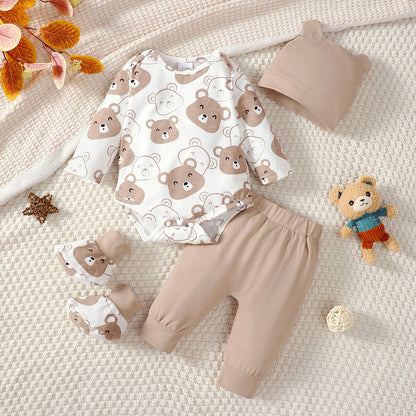 4PCS Clothing Set 0-9 Months Newborn Baby Boy Bear Short Sleeve Romper+Pants+Hat+Sock Infant Baby Full Moon Photography Outfits.