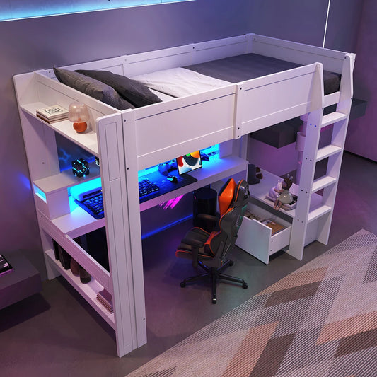 KOMHTOM Gaming Hochbett, Weiß, mit Schreibtisch, LED-Leuchten, Schublade und Regalen - Ohne Matratze
