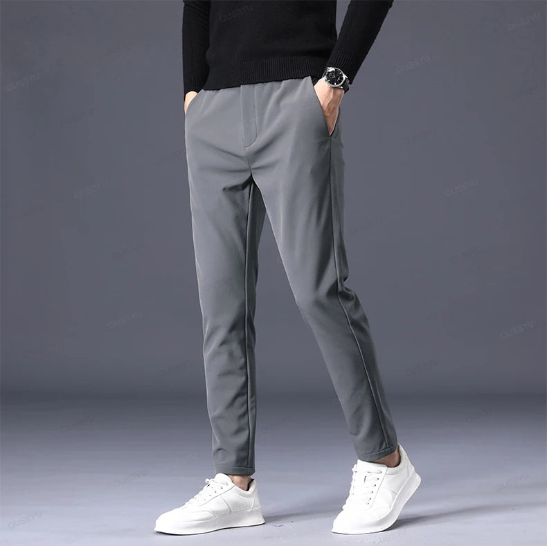 Autumn Winter Casual Pants Men Thick Business Stretch Slim Elastic Waist Jogger Outdoors Korean Classic Grey Black Trousers Male.