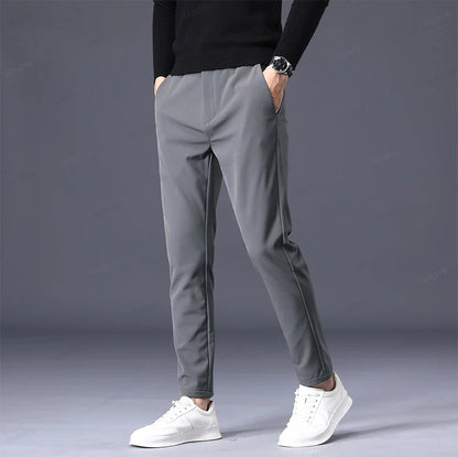 Autumn Winter Casual Pants Men Thick Business Stretch Slim Elastic Waist Jogger Outdoors Korean Classic Grey Black Trousers Male.