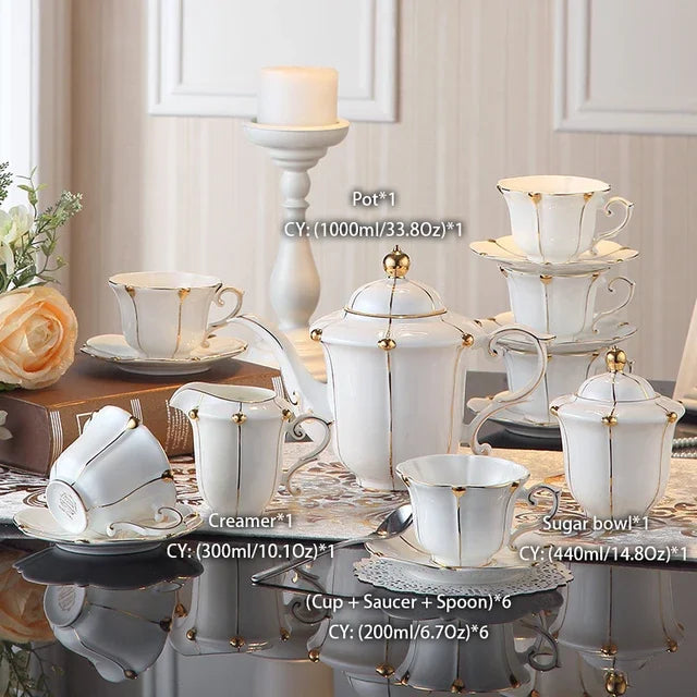 Gold Pearl Bone China Coffee Set British Porcelain Tea Luxury Ceramic Pot Creamer Sugar Bowl Teatime Teapot Cup Mug