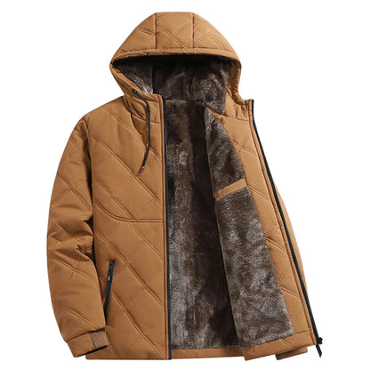 Winter Windproof Thermal Diamond-Pattern Fleece-Lined Thickened Cotton Coat Business Casual Hooded Jacket Fashionable Menswear