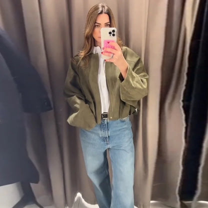 2025 herbst frauen Grün Wildleder Jacke Lose Revers Zipper Langarm Taschen Bomber Mantel Neue Mode Dame Dicke Streetwear.