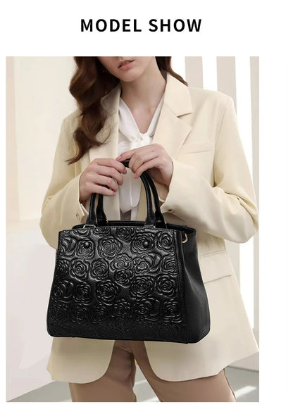 Leather handbag high sense handbag top layer leather rose pattern slung shoulder bag.