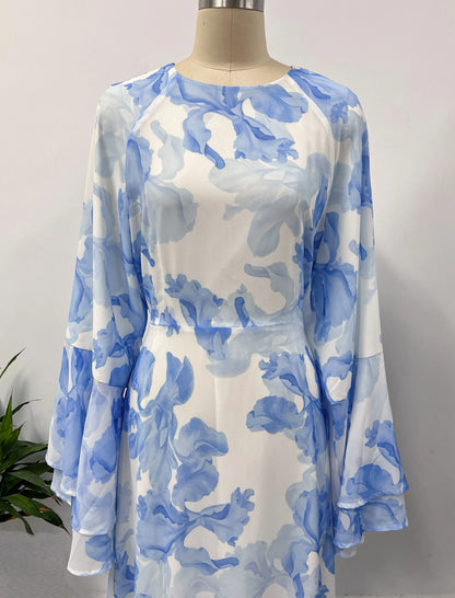 Ramadan kebaya Muslim women's chiffon print flared sleeve dress headscarf two-piece set.