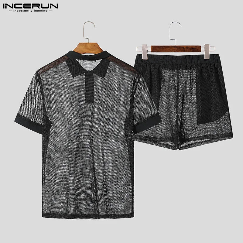 Men Short Sets Fashion Hollow Out INCERUN Two-piece Suits  Men's Sets Streetwear Short Sleeve Tops Shorts Men's Clothing Summer.