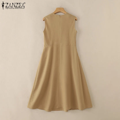 ZANZEA Elegante Frauen Plissee Midi Kleider Ausgestattet Taille Ärmel Solide Party Vestidos 2025, Sommer O Neck Pendeln Roben Femme.