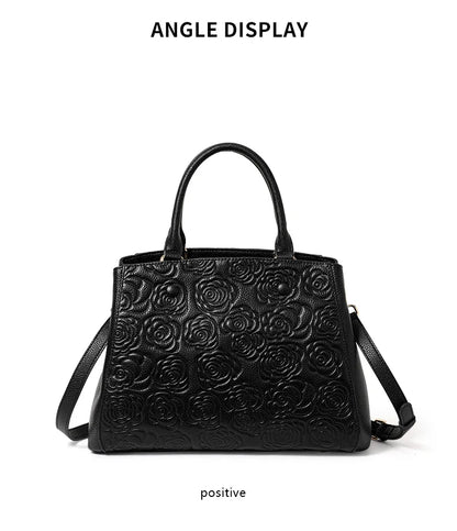 Leather handbag high sense handbag top layer leather rose pattern slung shoulder bag.