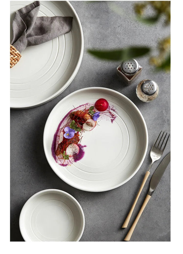 High end white ceramic steak brushed tableware, ceramic salad pasta plate dinner set plates and dishes ceramic plate sushi plate.