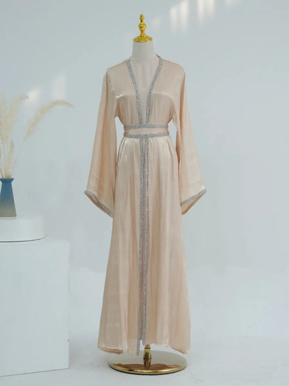 Muslim Abaya for Women Eid Dress 2 Piece Set Diamond Morocco Ramadan Lace-up Abayas Kaftan Islam Cardigan Dubai Arab Long Robe