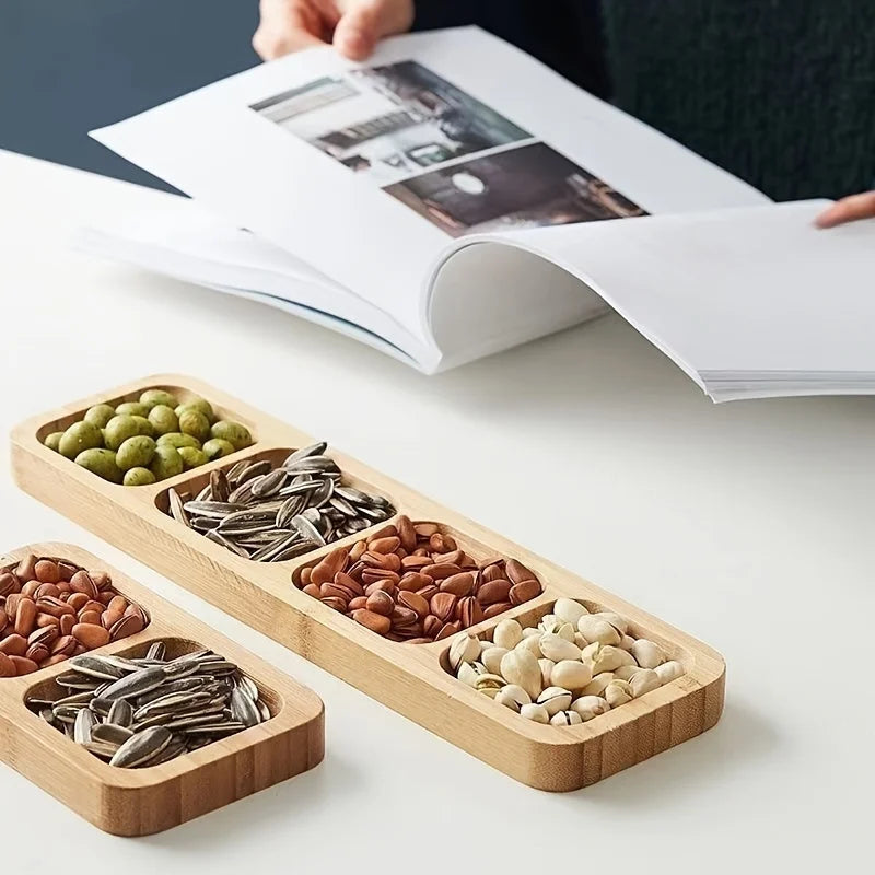 1pc Bamboo 4-Section Snack Serving Tray - Ideal for Nuts, Fruits, and Candies , Dining Area, or Zen Tea Room Decor.