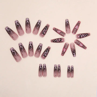 24pcs Glitter Pink Sequins Fake Nails 2025 Halloween Scary Skull Love Print False Nails Wearable European Ballet Press on Nails.
