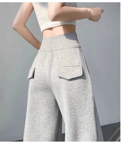 Graue Sporthose für Damen mit hoher Taille und lockerem, schlankem, geradem Bein und weitem Bein. Amerikanische Jogginghose..