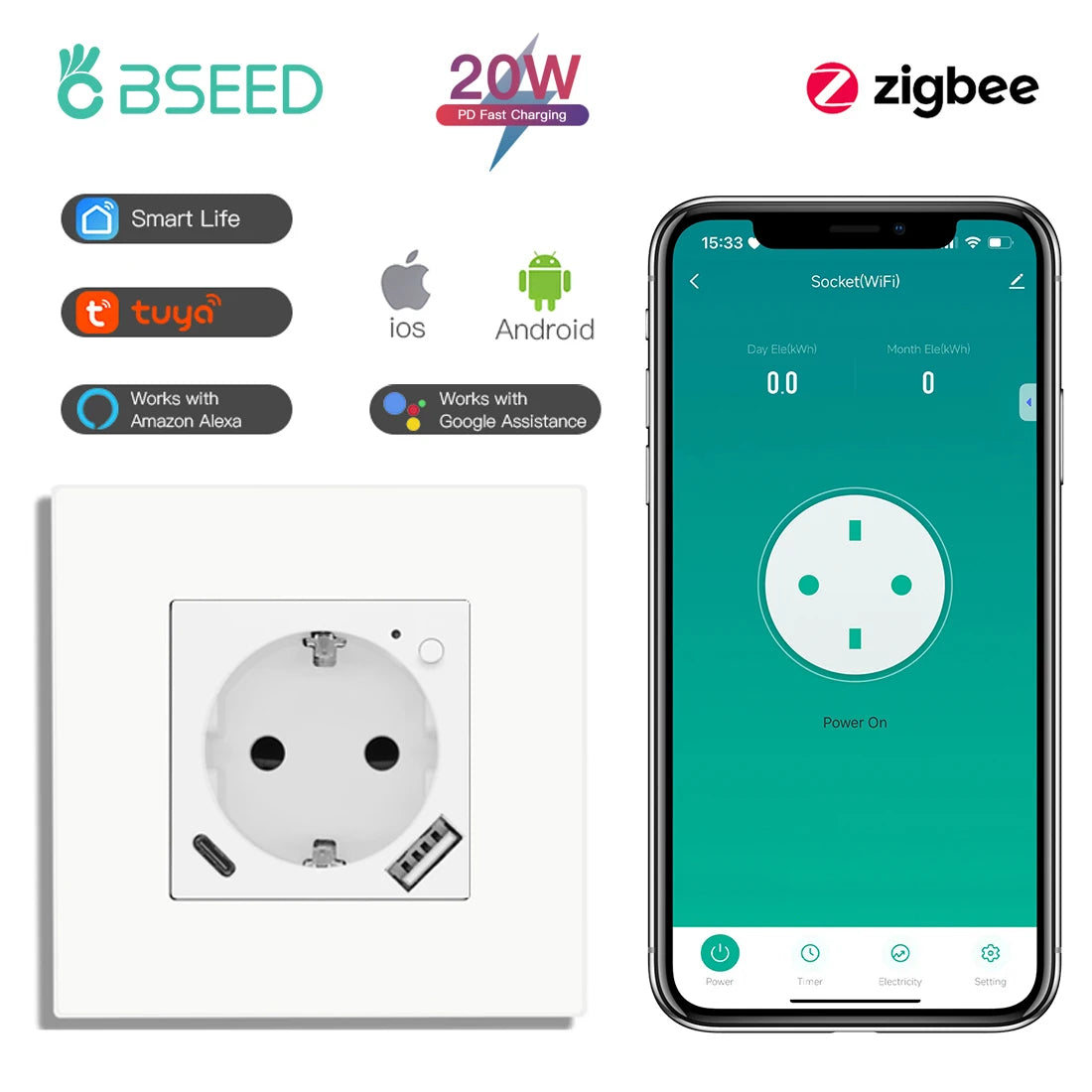 BSEED Einzelne ZigBee-Wandsteckdosen, Energiemonitor, doppelte Smart Meter-Steckdosen, Google Smart Life App, Alexa, Dreifachsteckdosen, EU-Kunststoff.