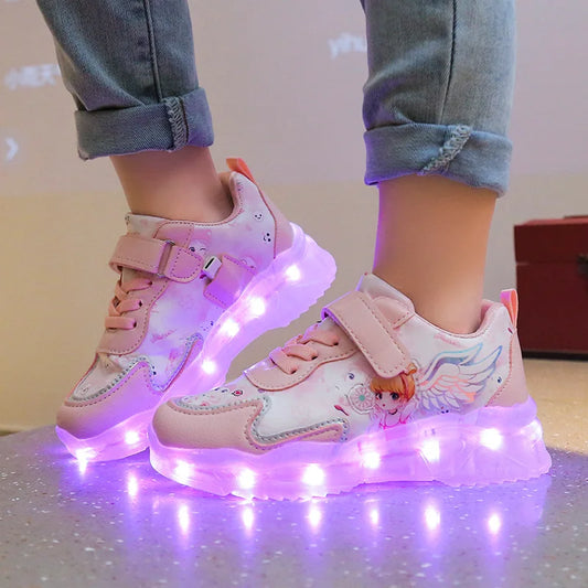Disney Children's Casual Shoes LED Rechargeable Luminescent Shoes  Cartoon Princess Elsa Girls Pink Sports Sneakers Size 26-35.