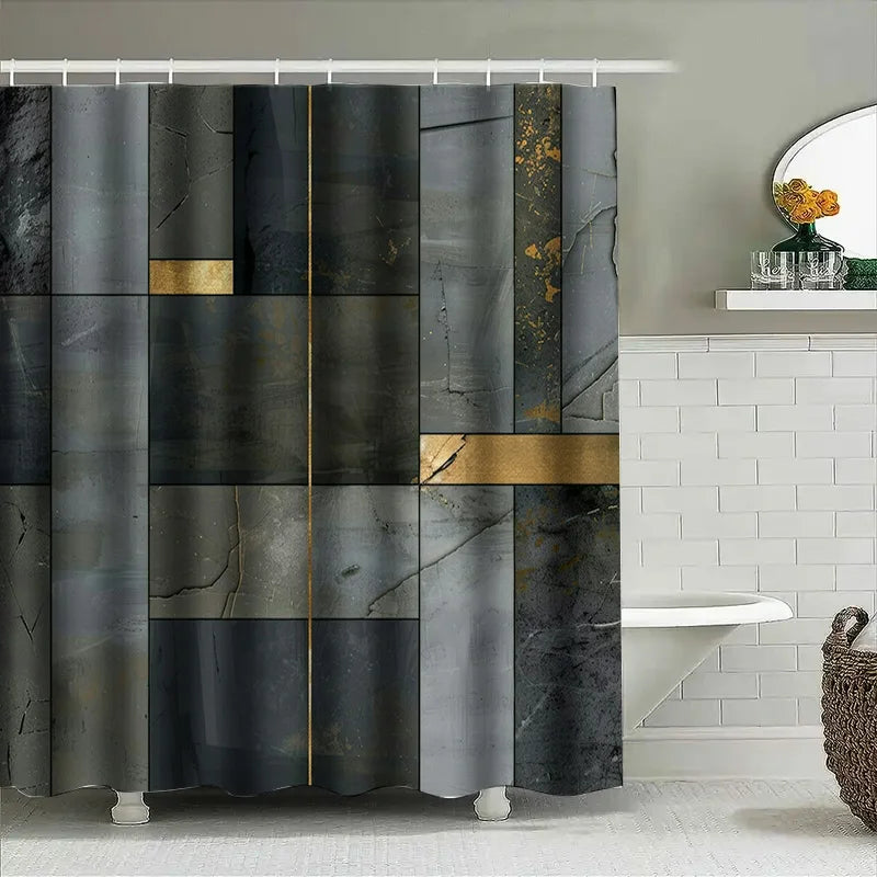 Luxuriöser Duschvorhang mit Marmoreffekt, wasserdicht, Badezimmer-Dekor, goldene Akzente, große Größe, 72,9 x 83,2 cm, Grau, Schwarz, Weiß, modernes Des