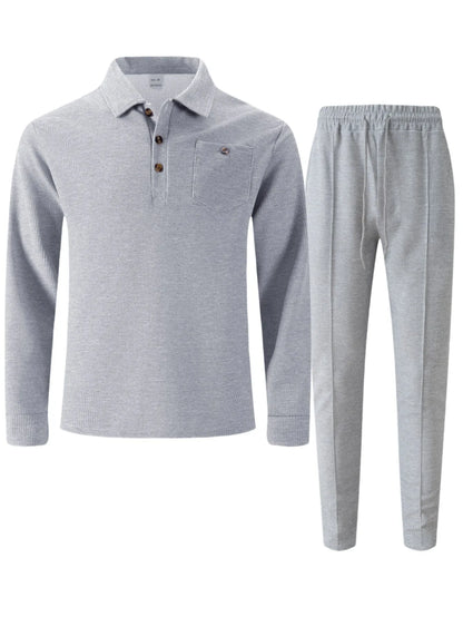 2025 Autumn New Style Waffle Pure Color Collar Pocket Long Sleeve Long Pants Casual Set.