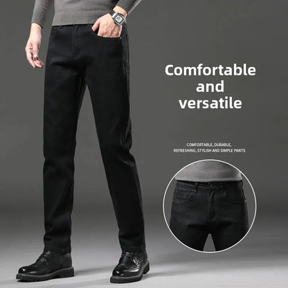 Men's Black Straight Leg Jeans Casual Elastic Business Pants High Waist Slim Fit Long Trousers New 2025 Gray Color.