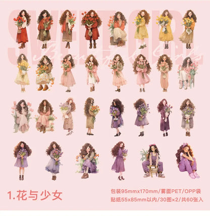 60 pcs Hand malerei Mode süße Mädchen Menschen Aufkleber Vintage Cartoon Mode Mädchen Sammelalbum Ölgemälde Illustration Aufkleber.