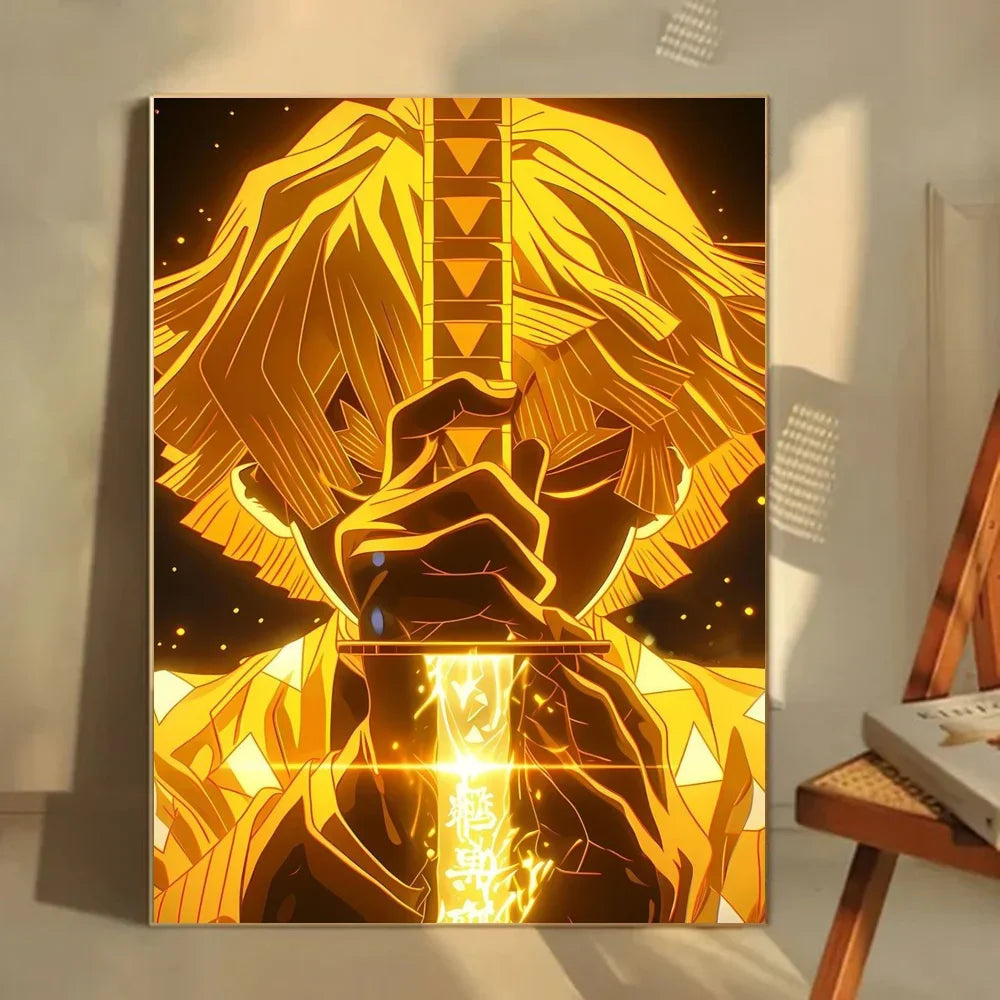 1pc Neon Effect Japan Anime Demon Slayer Tanjiro Nezuko Character Poster Self-adhesive Art Waterproof Paper Sticker Wall Decor.