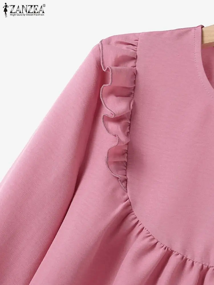 ZANZEA Women Elastic Waist Trouser 2pcs Tracksuit Muslim Fashion Long Sleeve Ruffles Tops Turkey Pant Sets Elegant Matching Sets.