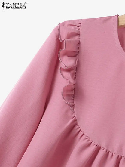 ZANZEA Women Elastic Waist Trouser 2pcs Tracksuit Muslim Fashion Long Sleeve Ruffles Tops Turkey Pant Sets Elegant Matching Sets.