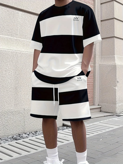 Fashionable men's summer striped print micro elastic breathable round neck T-shirt shorts set outdoor casual two-piece set.